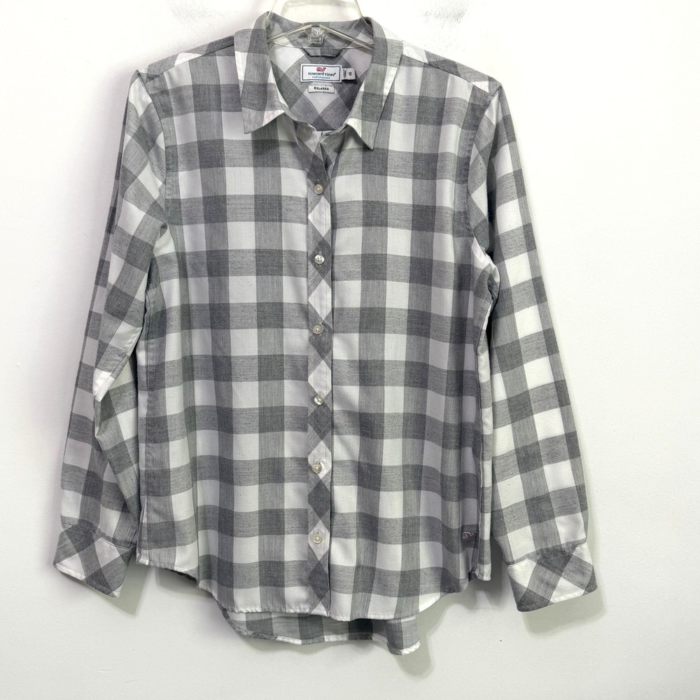Vineyard Vines Gray Buffalo Check ChiilMax Flannel Shirt 12 Button Front Nubby